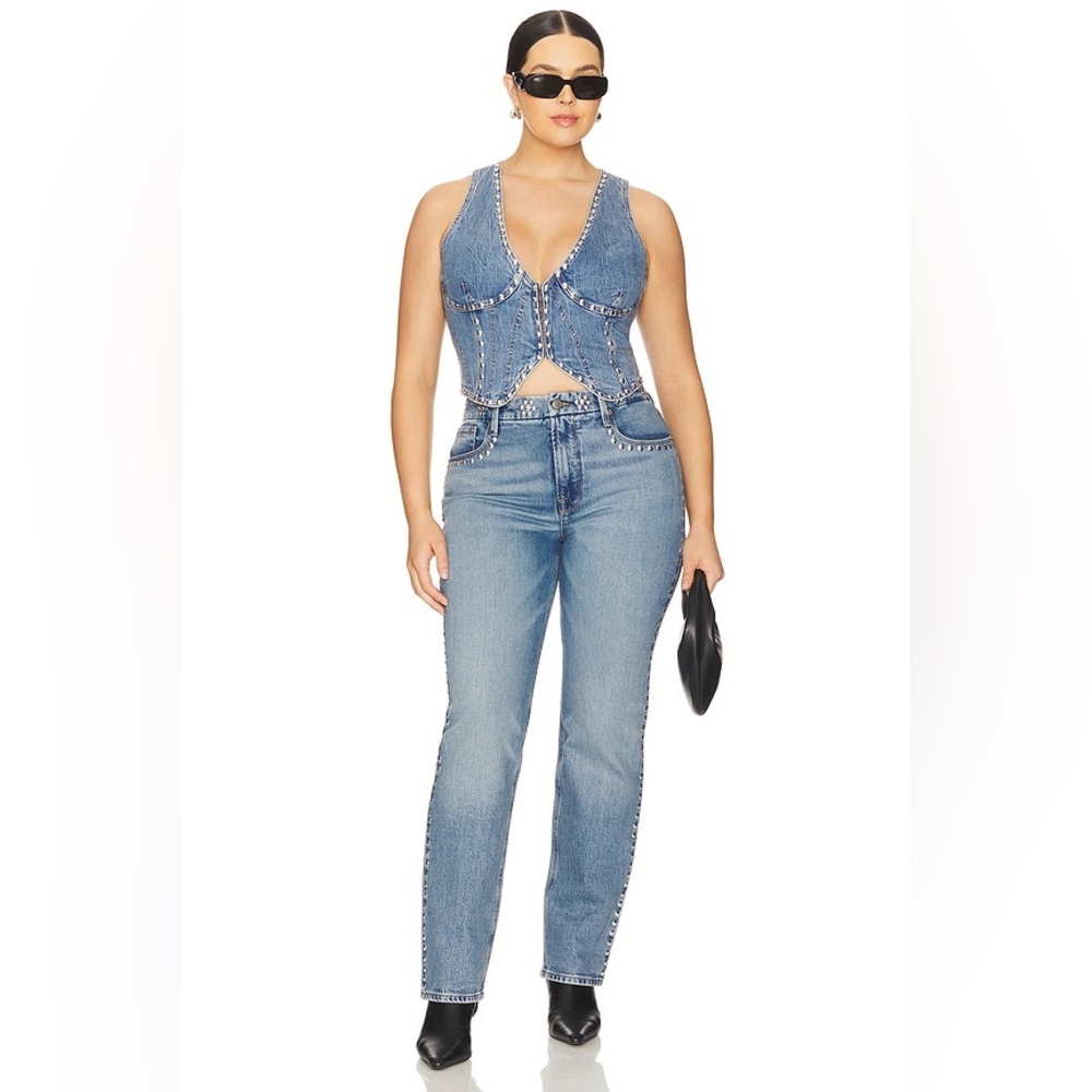 Good American Good Icon Studded Straight Jeans in Indigo895 Size 14